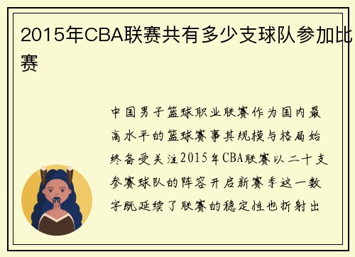 2015年CBA联赛共有多少支球队参加比赛